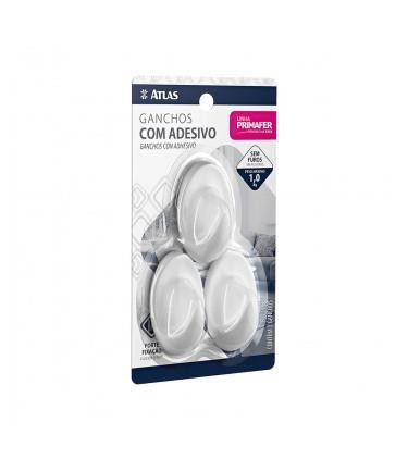 GANCHO PLÁSTICO BRANCO COM ADESIVO 3 UNIDADES 1KG OVAL 2503 - PRIMAFER - ATLAS