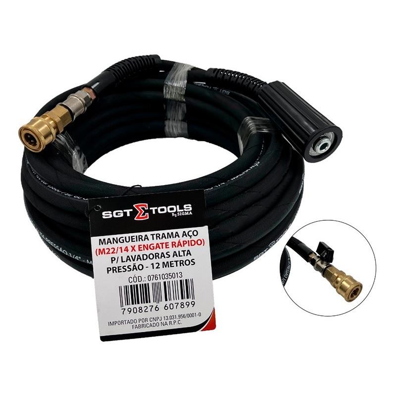 MANGUEIRA PARA LAVADORA ALTA PRESSÃO, TRAMA DE AÇO COM ENGATE RÁPIDO E REGISTRO - 12M - SIGMA TOOLS