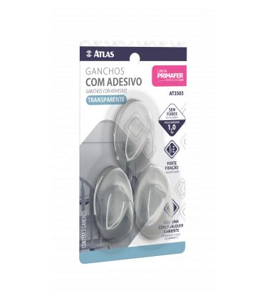 GANCHO TRANSPARENTE COM ADESIVO 3 UNIDADES 1KG OVAL AT3503 - PRIMAFER - ATLAS