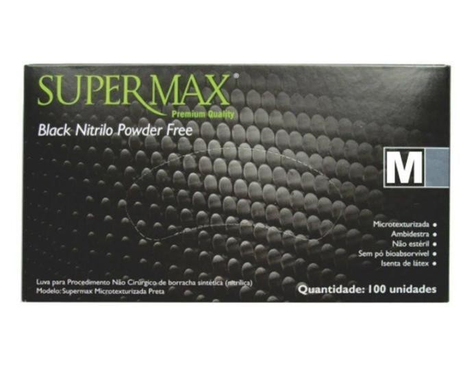 CAIXA DE LUVA NITRÍLICA PRETA SEM PÓ M - 100 UNIDADES - SUPERMAX